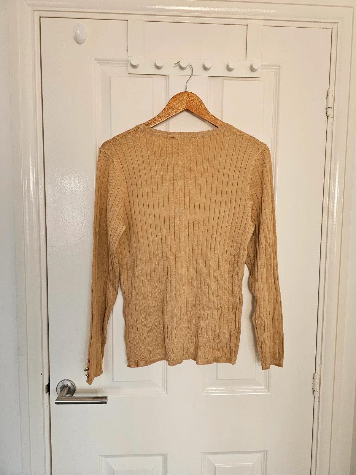 Afibel crew neck rib knit jumper viscose long sleeve top buttons sleeve fitted carmel/beige XL /14