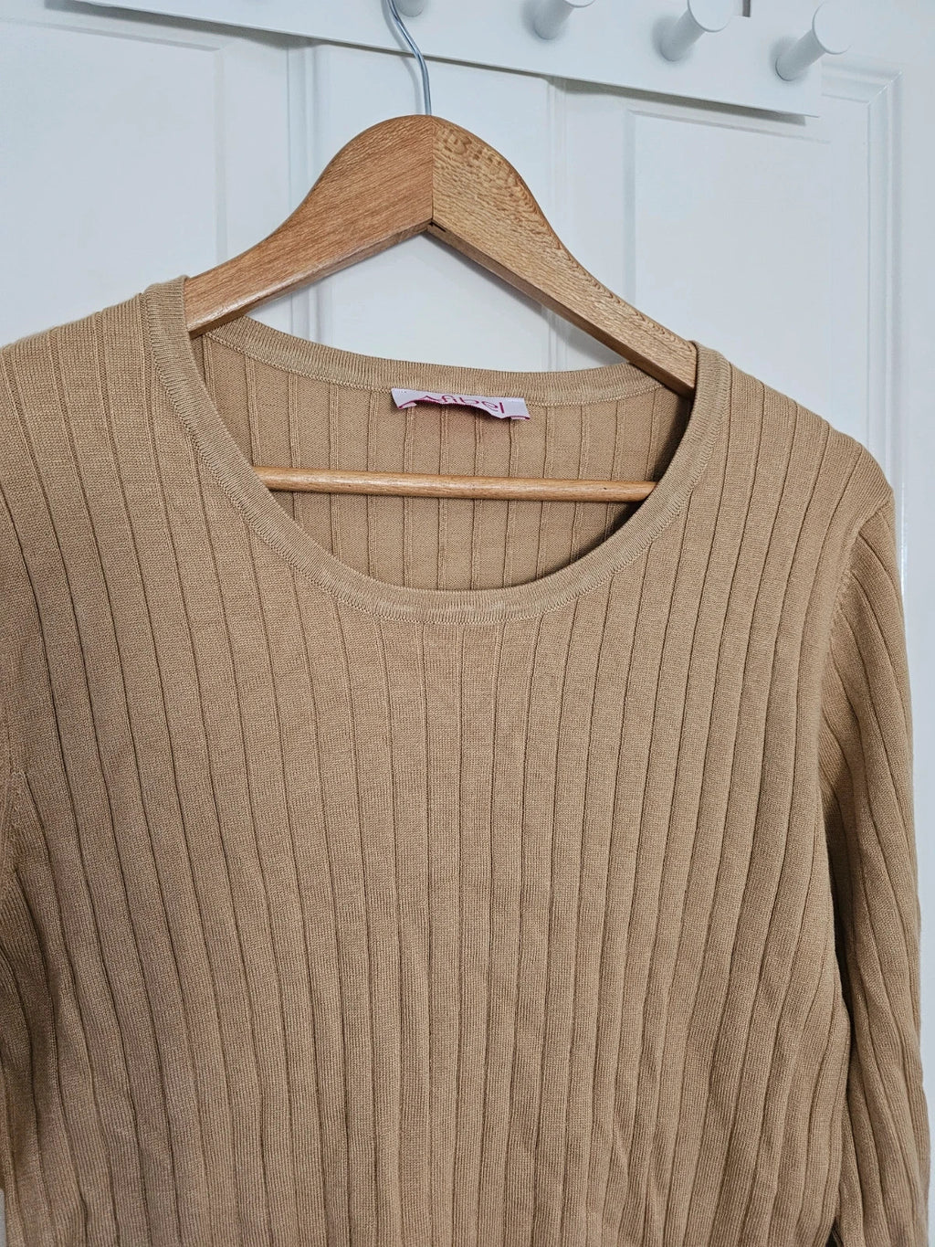 Afibel crew neck rib knit jumper viscose long sleeve top buttons sleeve fitted carmel/beige XL /14
