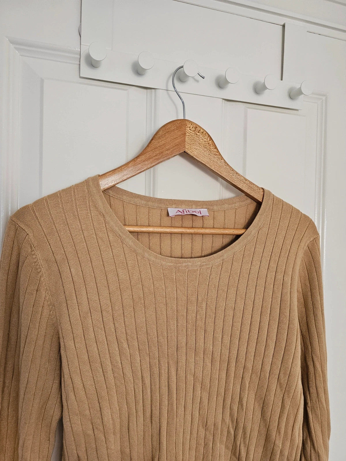 Afibel crew neck rib knit jumper viscose long sleeve top buttons sleeve fitted carmel/beige XL /14