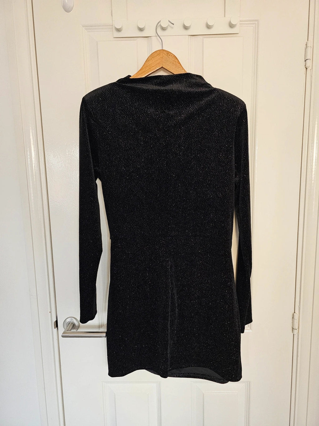 H&M women shoulder pad mini dress long sleeve draped mock/turtleneck black/glittery L