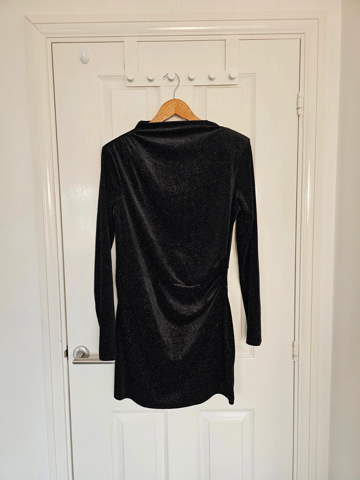 H&M women shoulder pad mini dress long sleeve draped mock/turtleneck black/glittery L