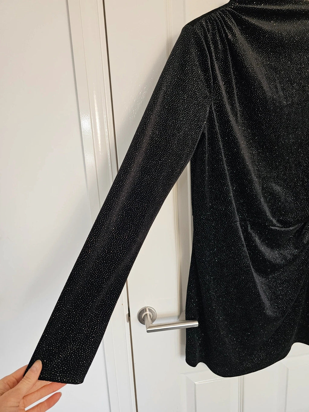 H&M women shoulder pad mini dress long sleeve draped mock/turtleneck black/glittery L