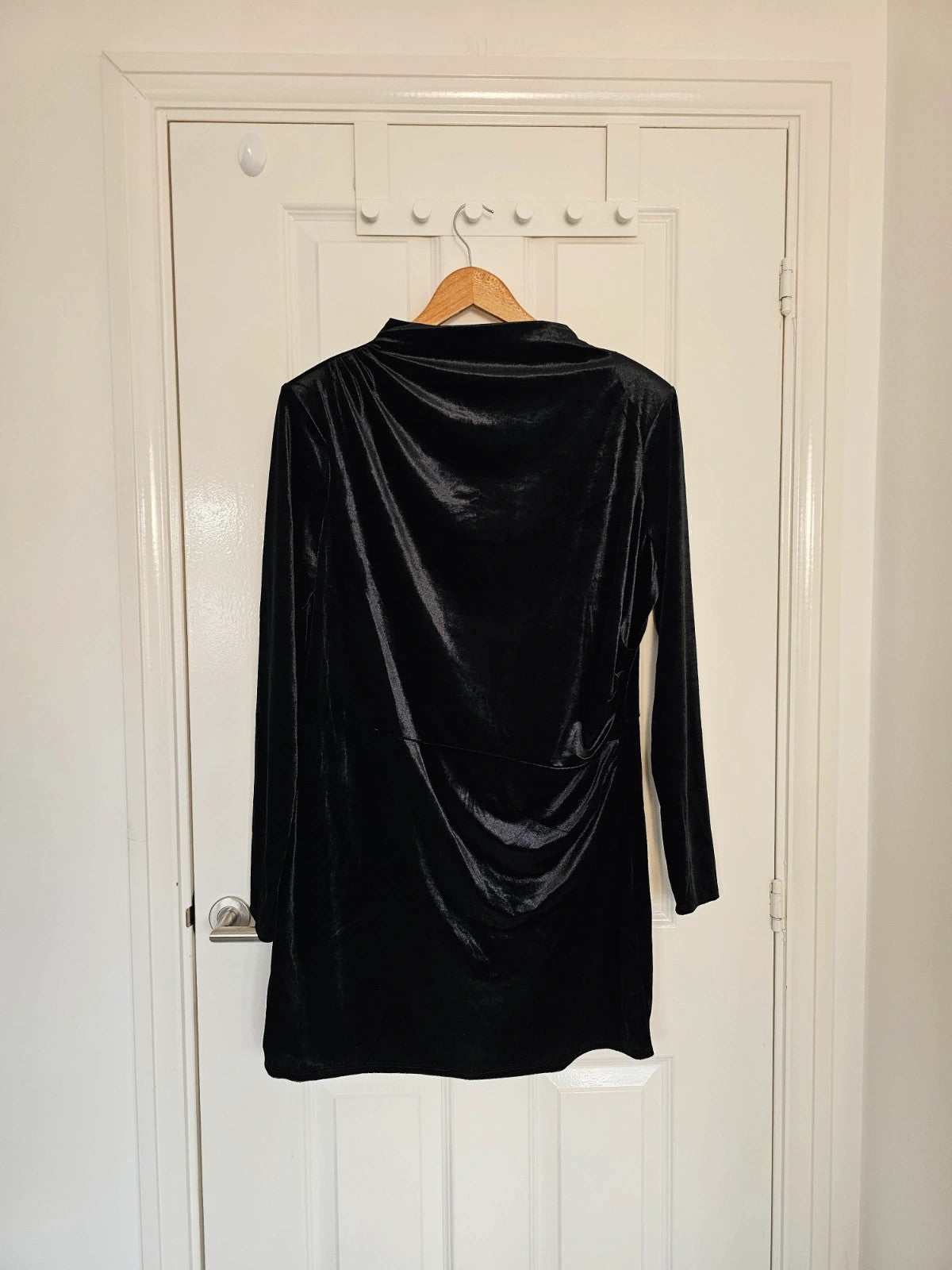 H&M women velvet long sleeve mini dress mock neck fitted draped shoulder pad black 2XL