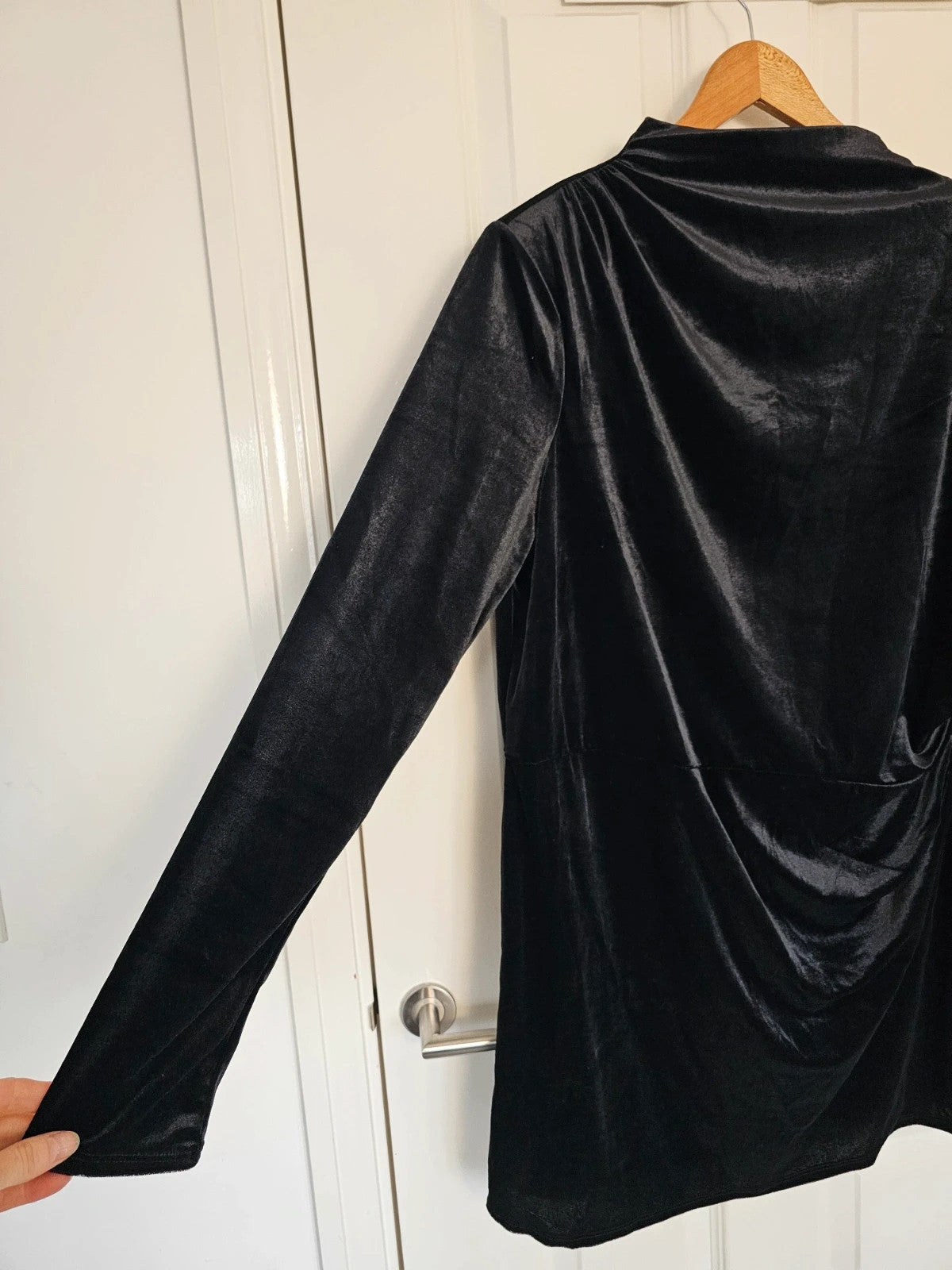 H&M women velvet long sleeve mini dress mock neck fitted draped shoulder pad black 2XL