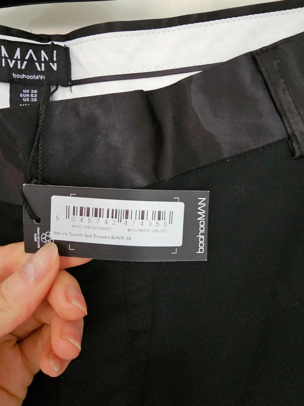 BoohooMan black slim fit tuxedo suit trousers tapered satin waist formal office 2XL
