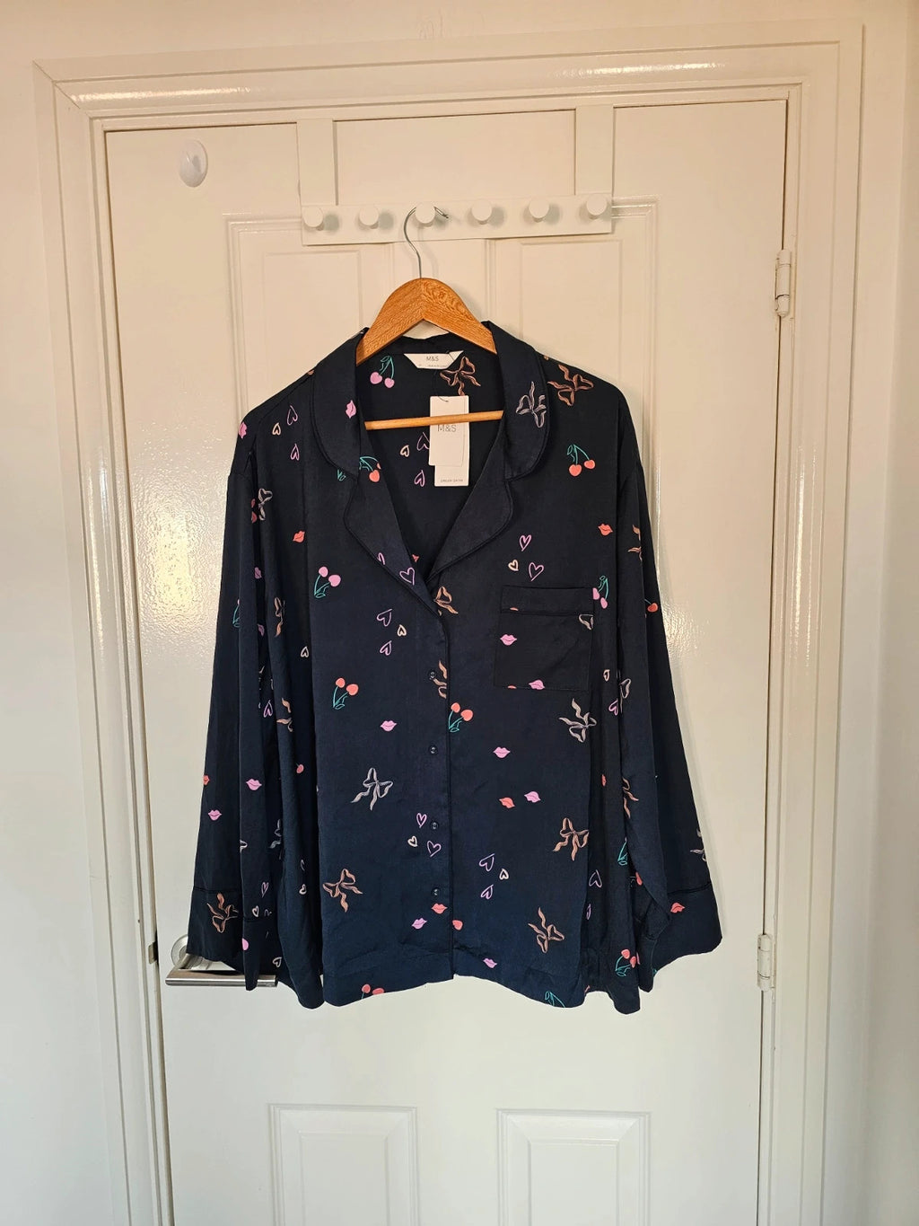 M&S women dream satin long sleeve pyjamas shirt regular front buttons nightwear top navy 5XL/22