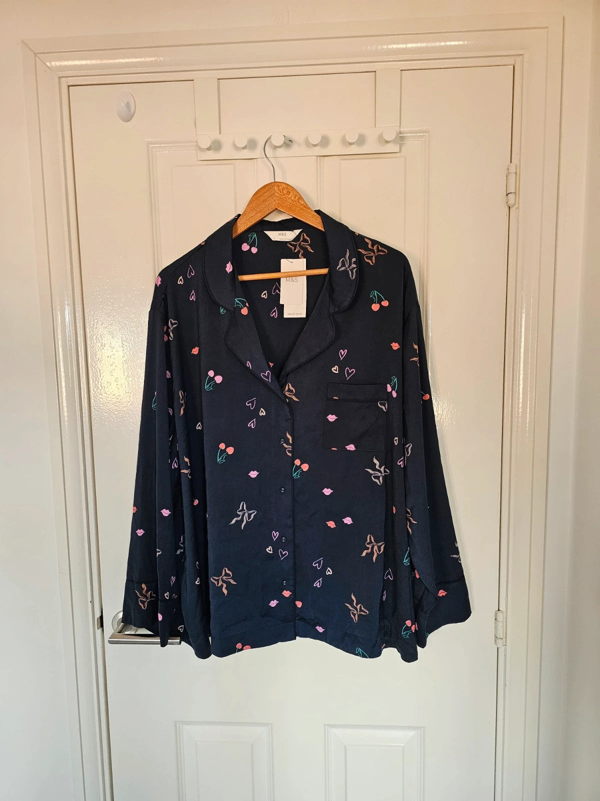 M&S women dream satin long sleeve pyjamas shirt regular front buttons nightwear top navy 5XL/22
