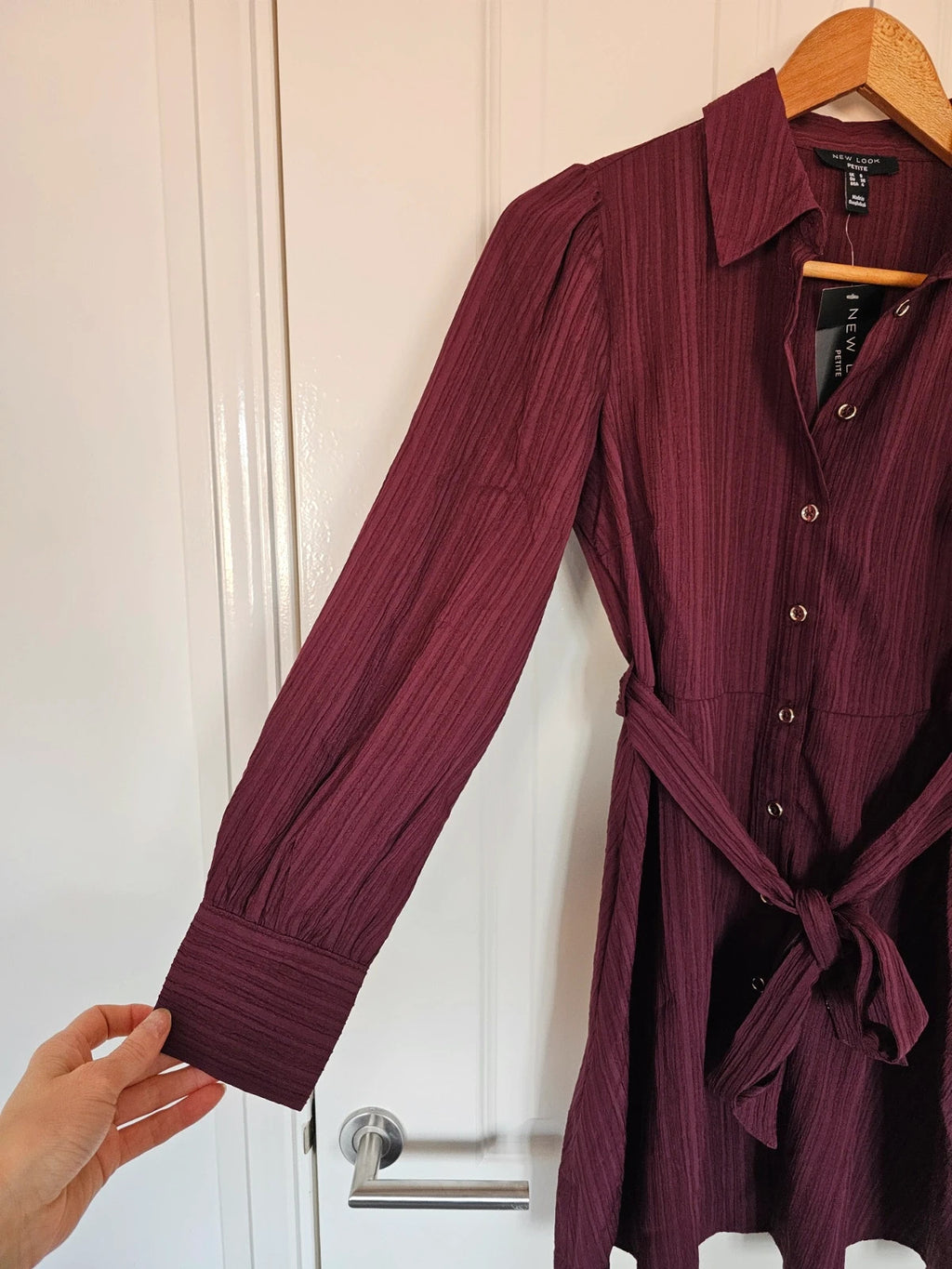 New Look petite women crinkle long sleeve mini dress/shirt buttons collar neck belted burgundy S/8