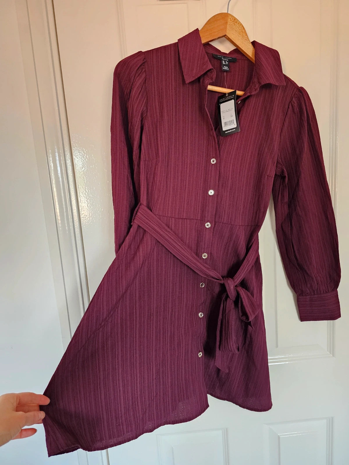 New Look petite women crinkle long sleeve mini dress/shirt buttons collar neck belted burgundy S/8