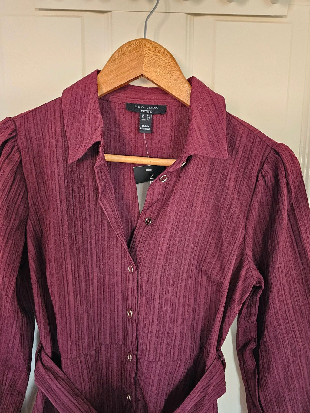 New Look petite women crinkle long sleeve mini dress/shirt buttons collar neck belted burgundy S/8