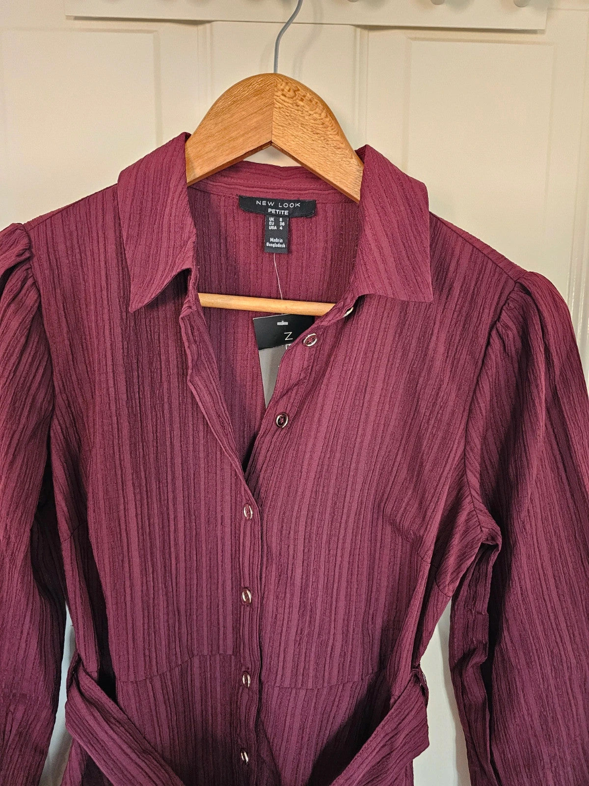 New Look petite women crinkle long sleeve mini dress/shirt buttons collar neck belted burgundy S/8