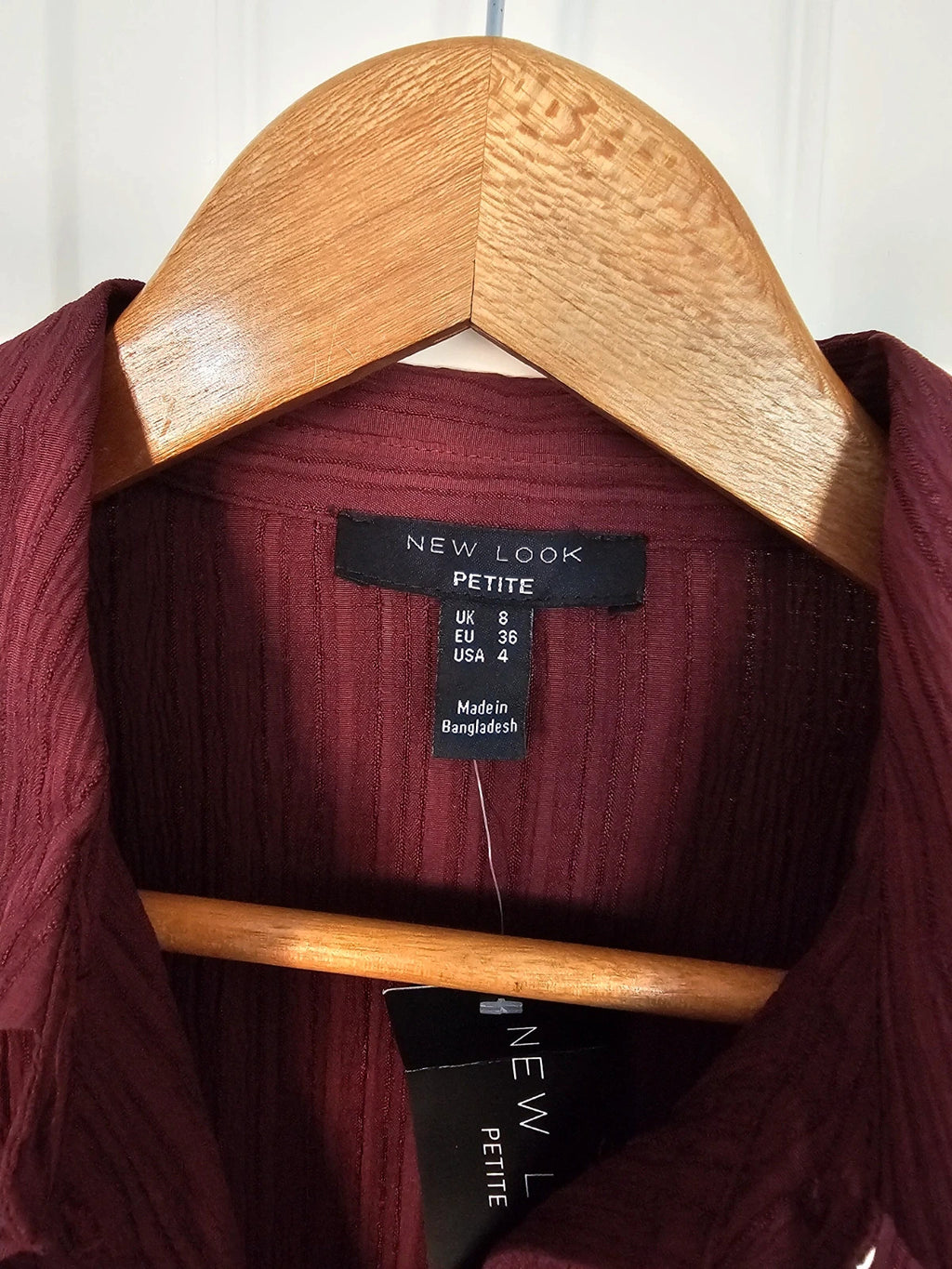 New Look petite women crinkle long sleeve mini dress/shirt buttons collar neck belted burgundy S/8