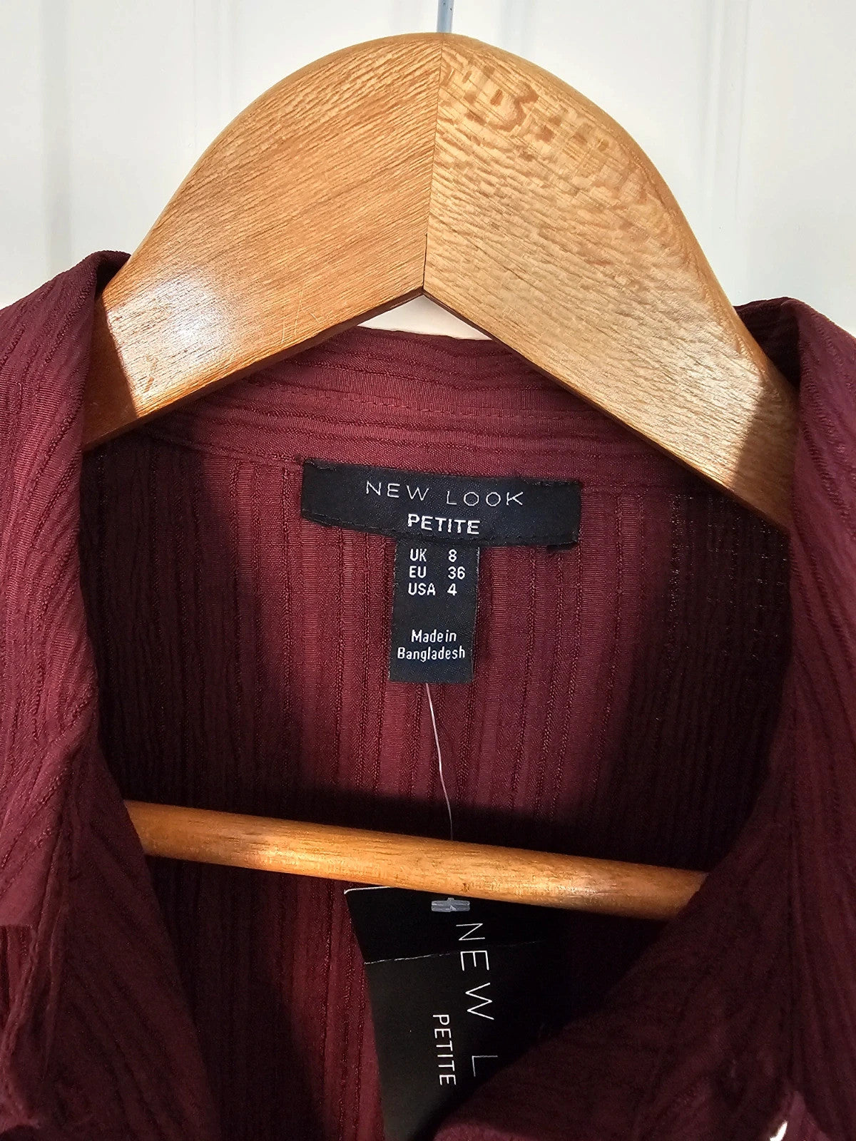 New Look petite women crinkle long sleeve mini dress/shirt buttons collar neck belted burgundy S/8