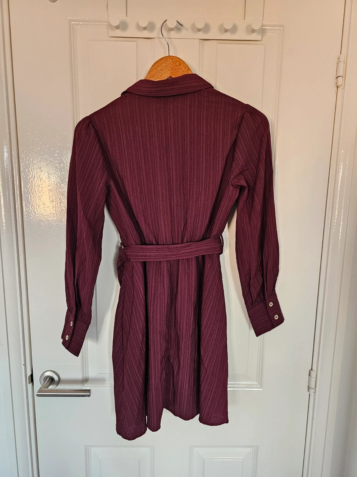 New Look petite women crinkle long sleeve mini dress/shirt buttons collar neck belted burgundy S/8