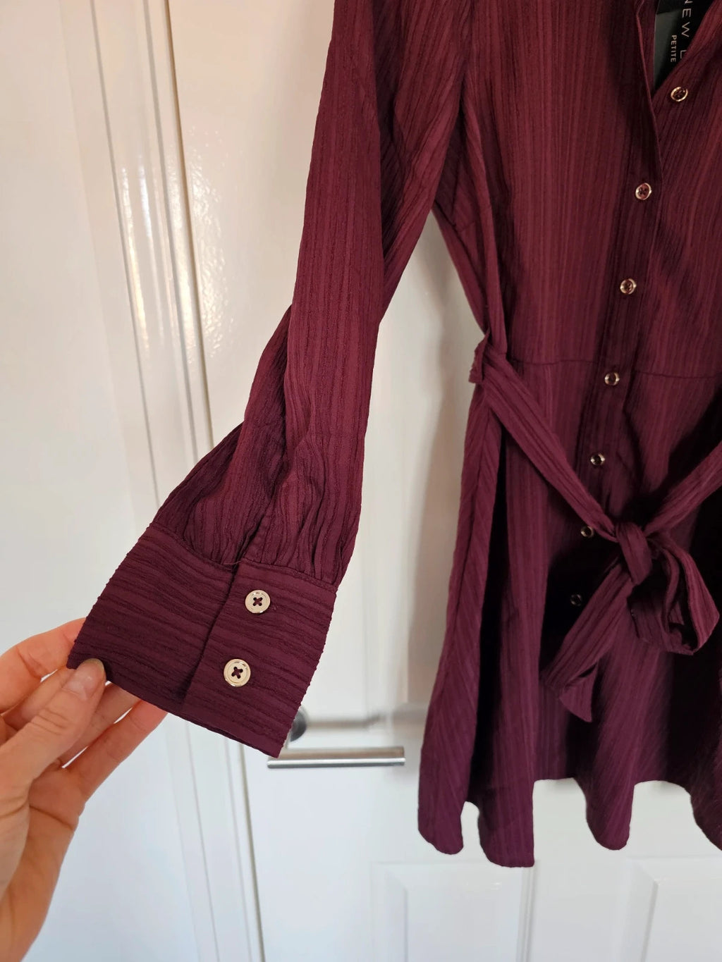New Look petite women crinkle long sleeve mini dress/shirt buttons collar neck belted burgundy S/8