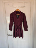 New Look petite women crinkle long sleeve mini dress/shirt buttons collar neck belted burgundy S/8