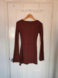 PLT women wide rib flared long sleeve shift mini dress crew neck casual slim fit brown S/8