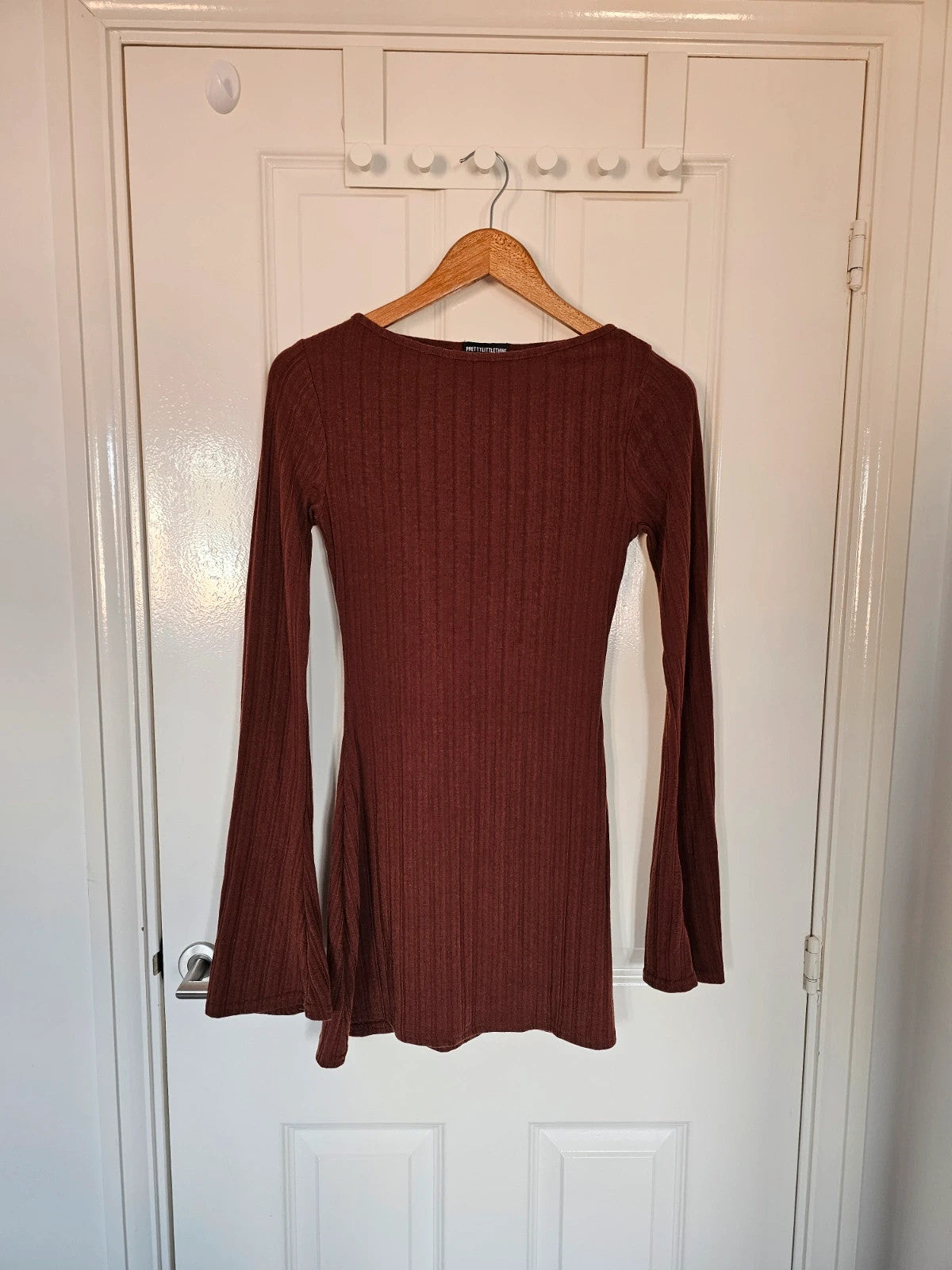 PLT women wide rib flared long sleeve shift mini dress crew neck casual slim fit brown S/8