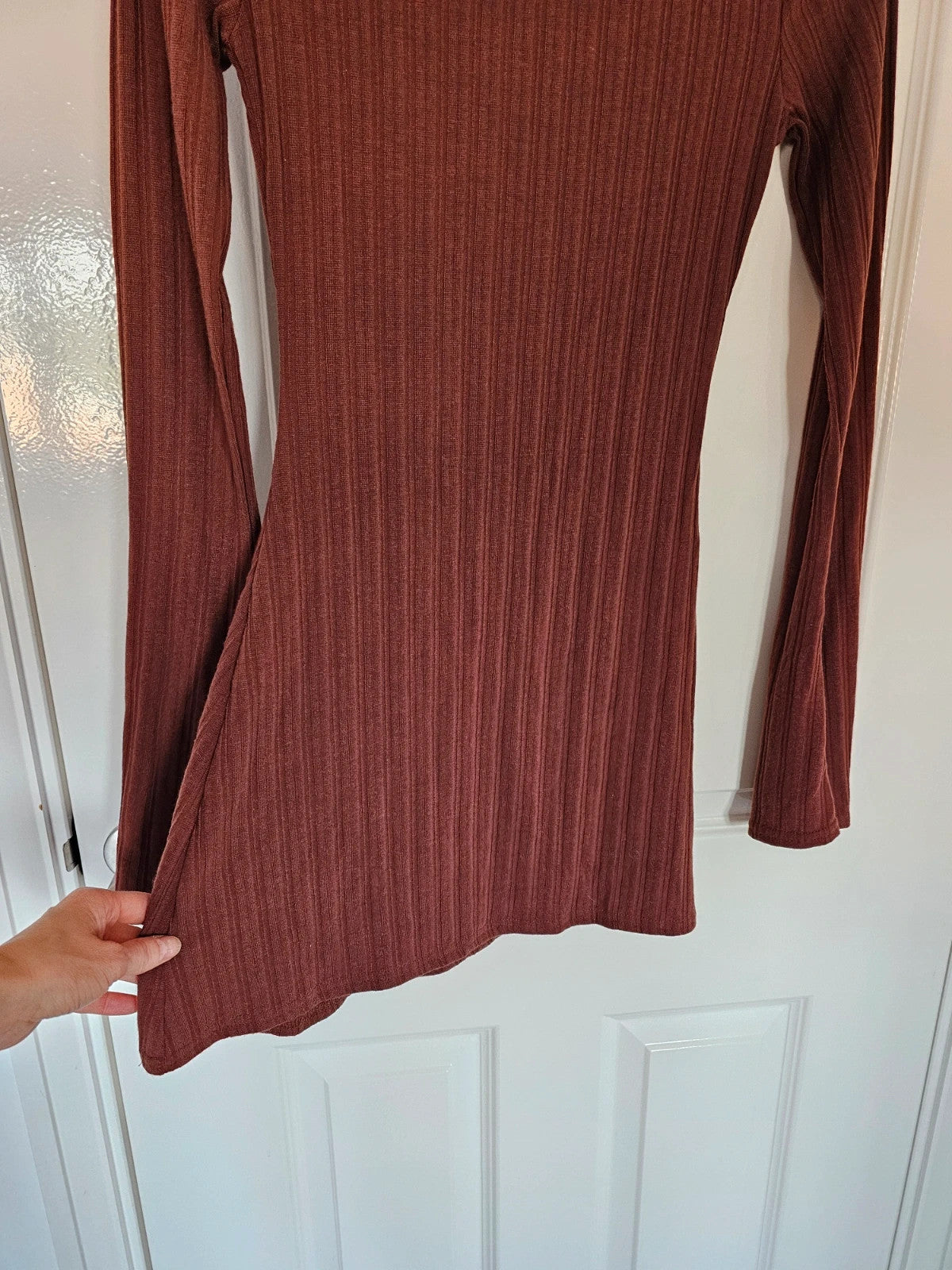 PLT women wide rib flared long sleeve shift mini dress crew neck casual slim fit brown S/8