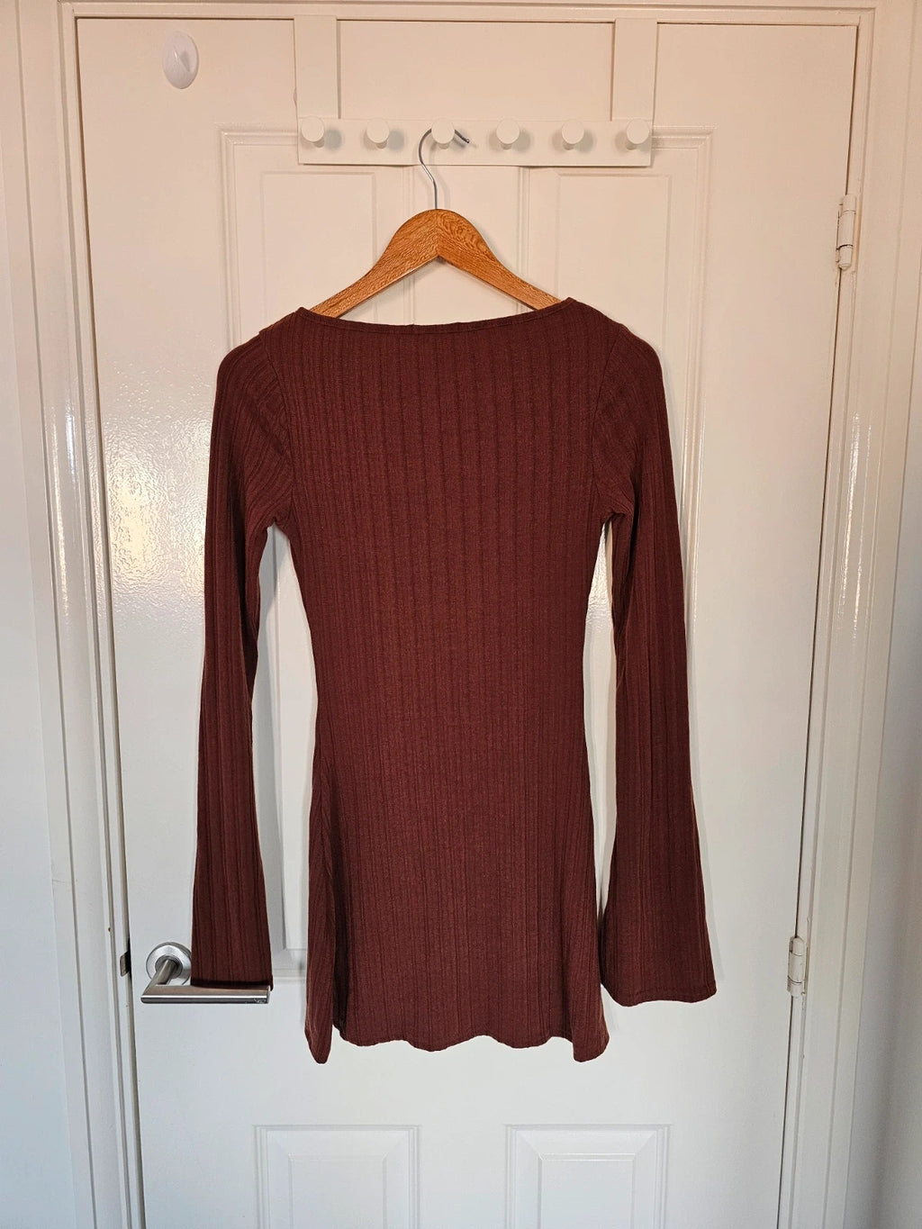 PLT women wide rib flared long sleeve shift mini dress crew neck casual slim fit brown S/8