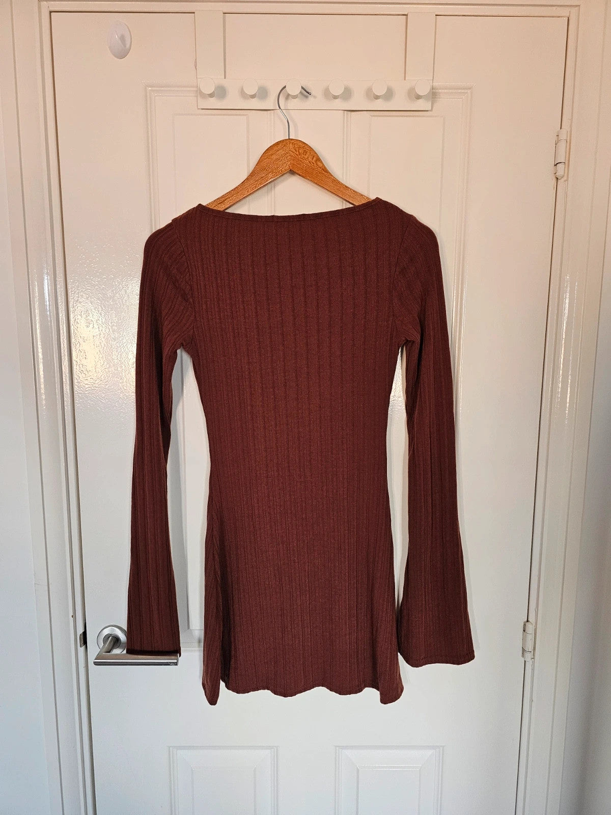PLT women wide rib flared long sleeve shift mini dress crew neck casual slim fit brown S/8