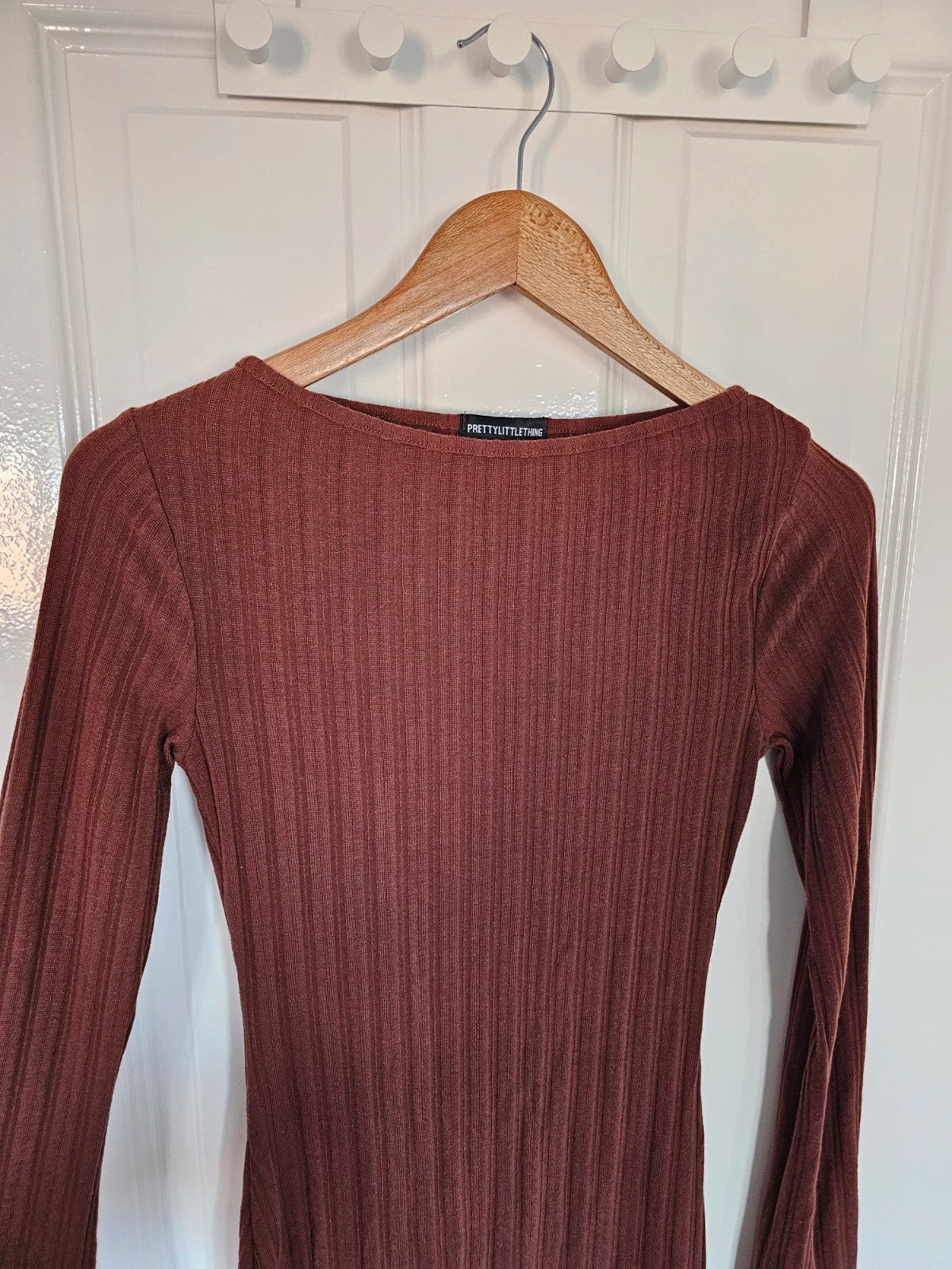 PLT women wide rib flared long sleeve shift mini dress crew neck casual slim fit brown S/8