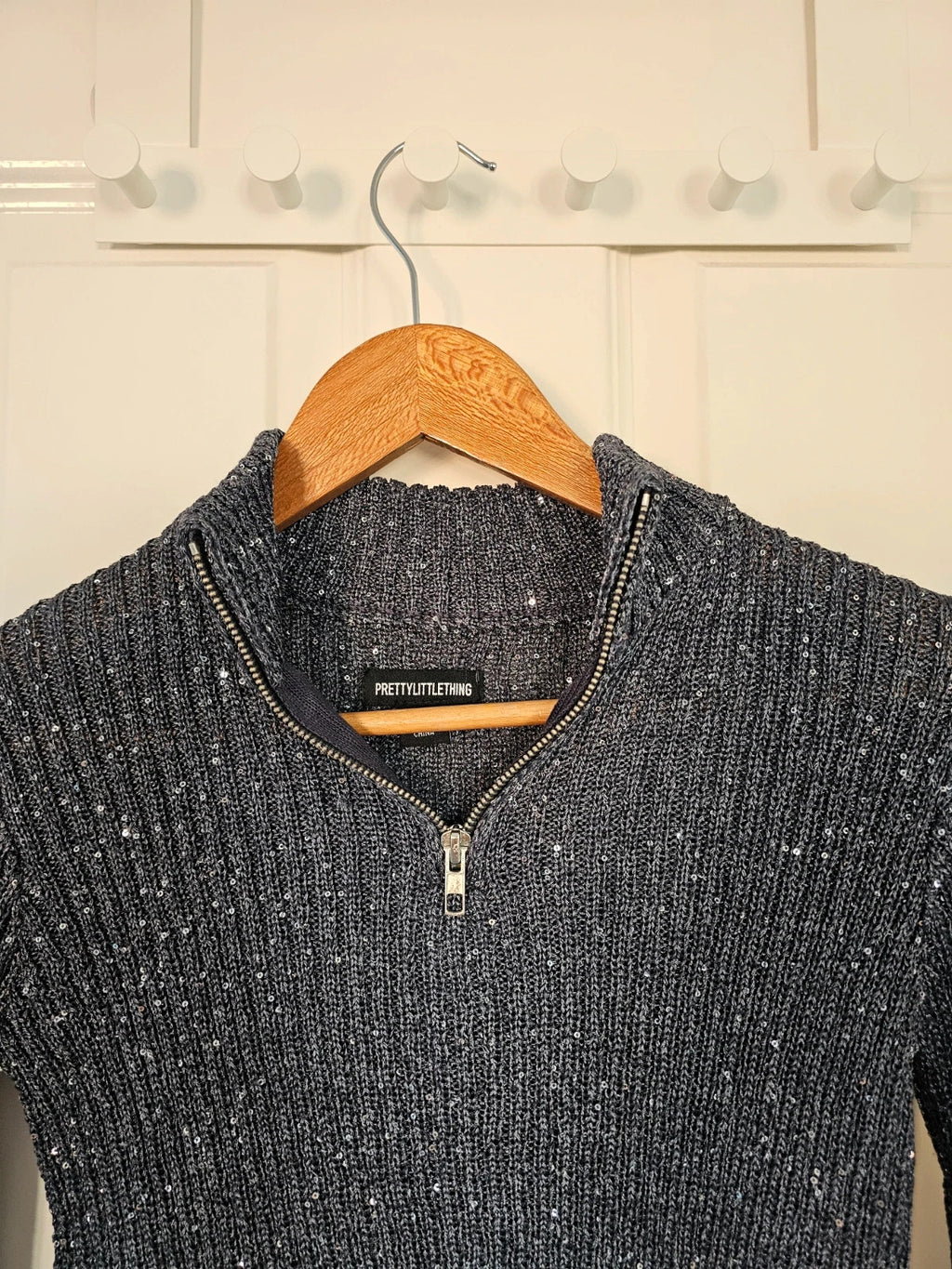 PLT women glitter knitt crop long sleeve top high mock neckline front zip sequin charcoal/grey XS/6