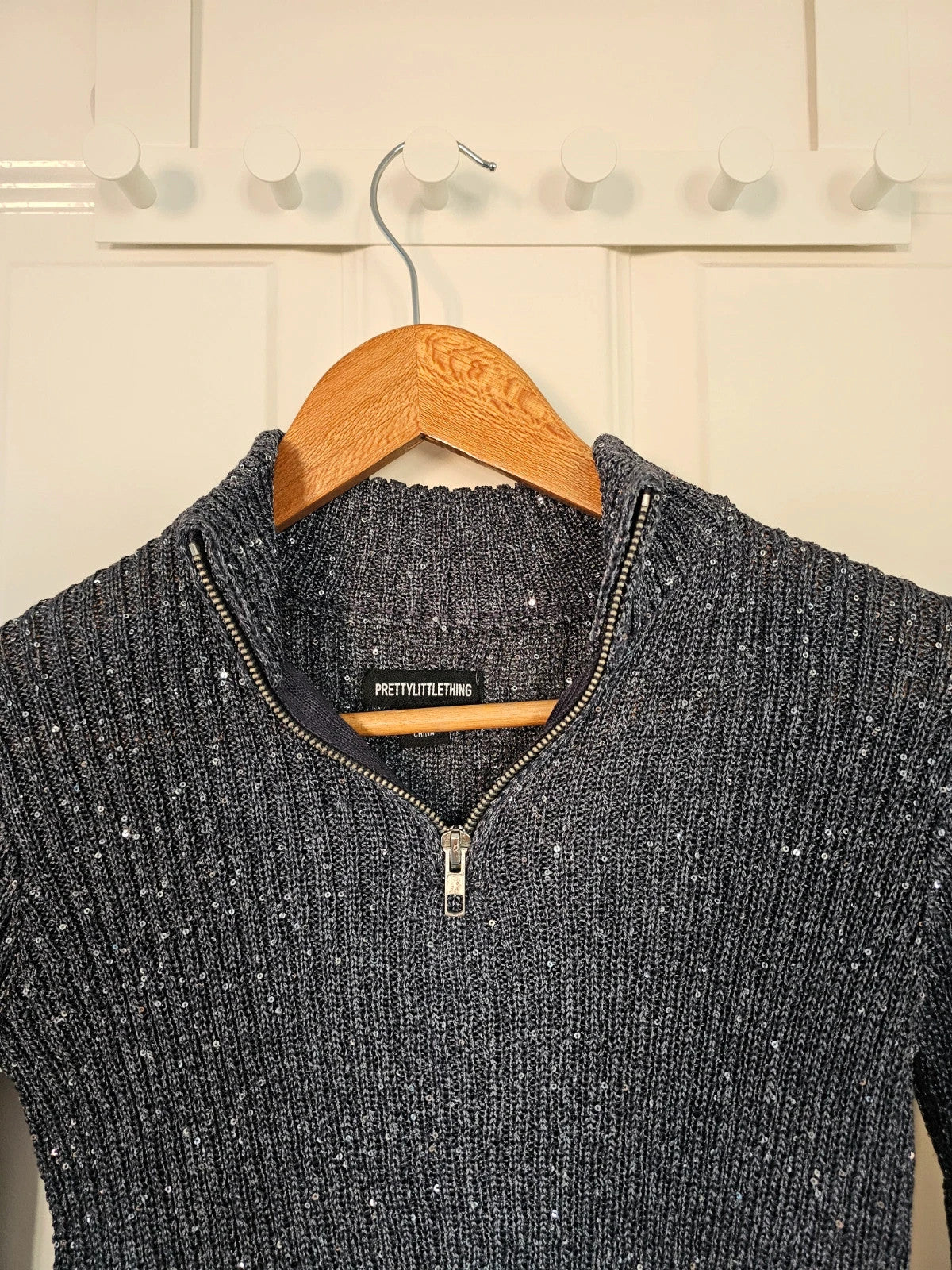 PLT women glitter knitt crop long sleeve top high mock neckline front zip sequin charcoal/grey XS/6