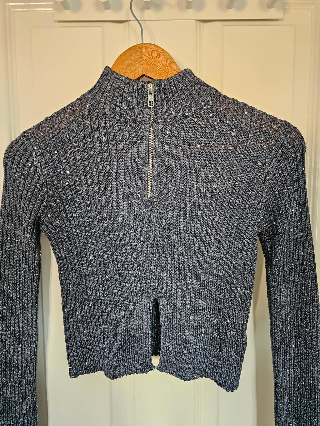 PLT women glitter knitt crop long sleeve top high mock neckline front zip sequin charcoal/grey XS/6