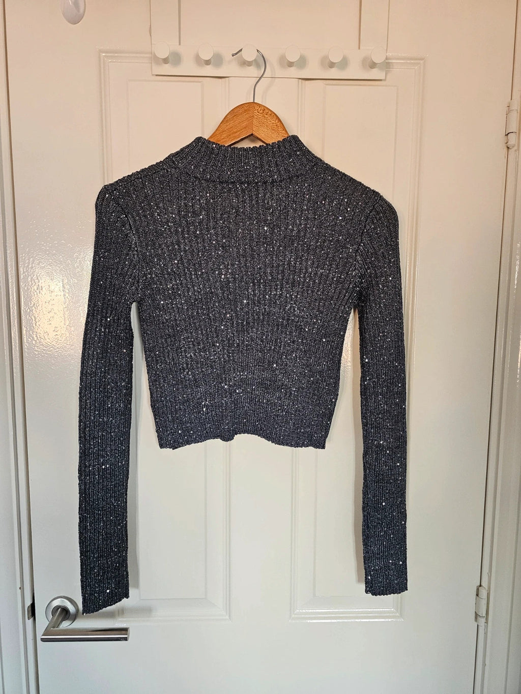PLT women glitter knitt crop long sleeve top high mock neckline front zip sequin charcoal/grey XS/6