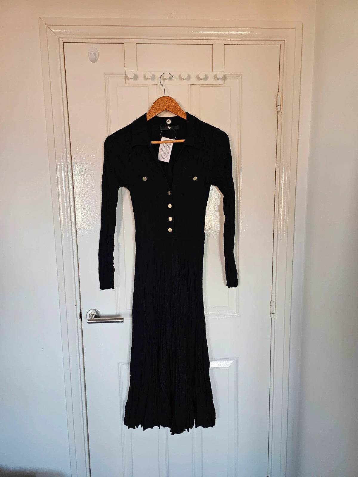 V by Very women ribb knit long sleeve midi dress V-neck buttons collar neck viscose rich black UK10