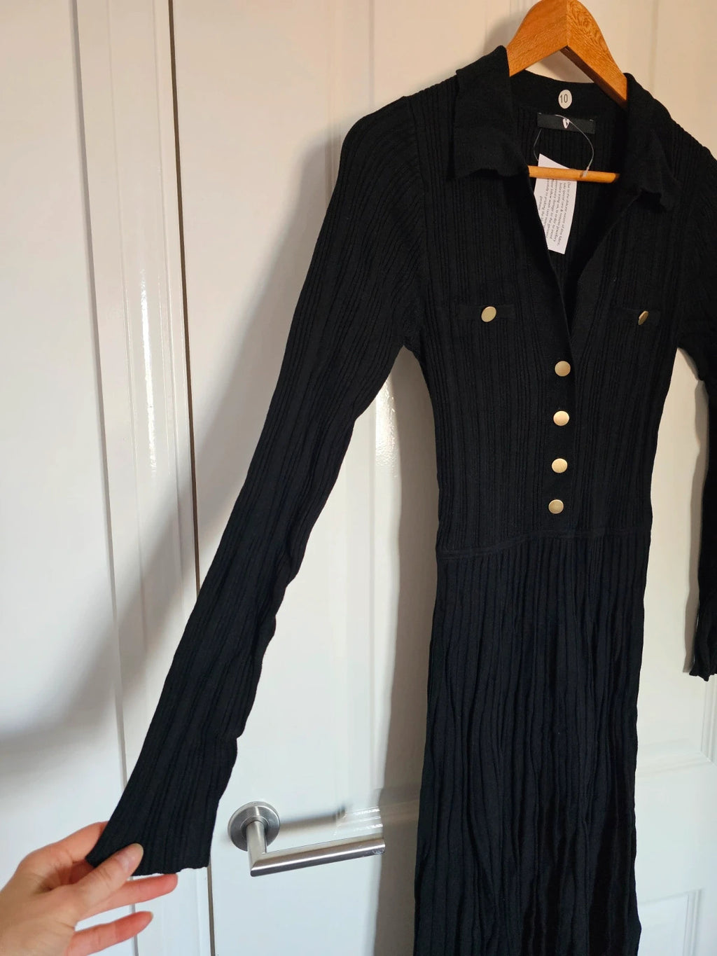 V by Very women ribb knit long sleeve midi dress V-neck buttons collar neck viscose rich black UK10