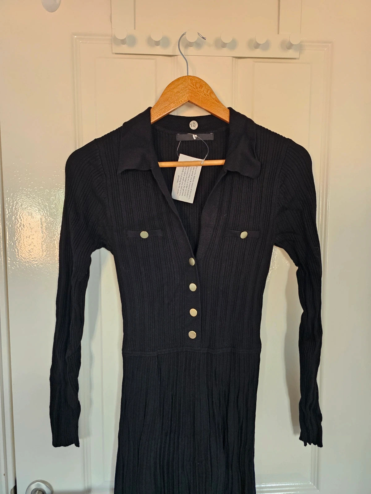 V by Very women ribb knit long sleeve midi dress V-neck buttons collar neck viscose rich black UK10