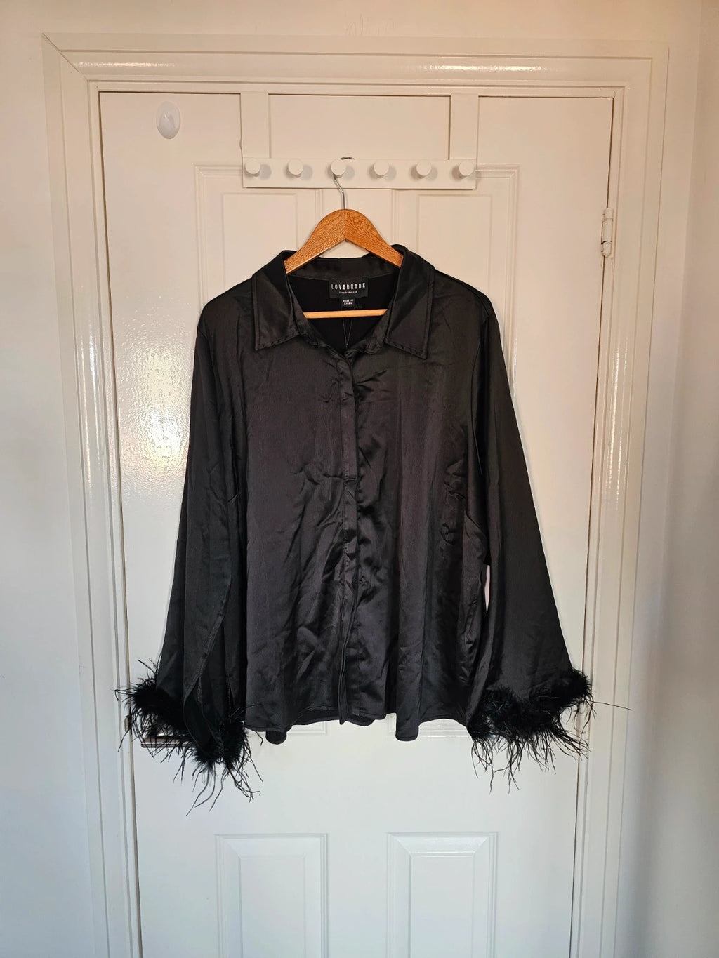 Lovedrobe women feather cuffs satin shirt long sleeve button-up work party blousevblack UK26