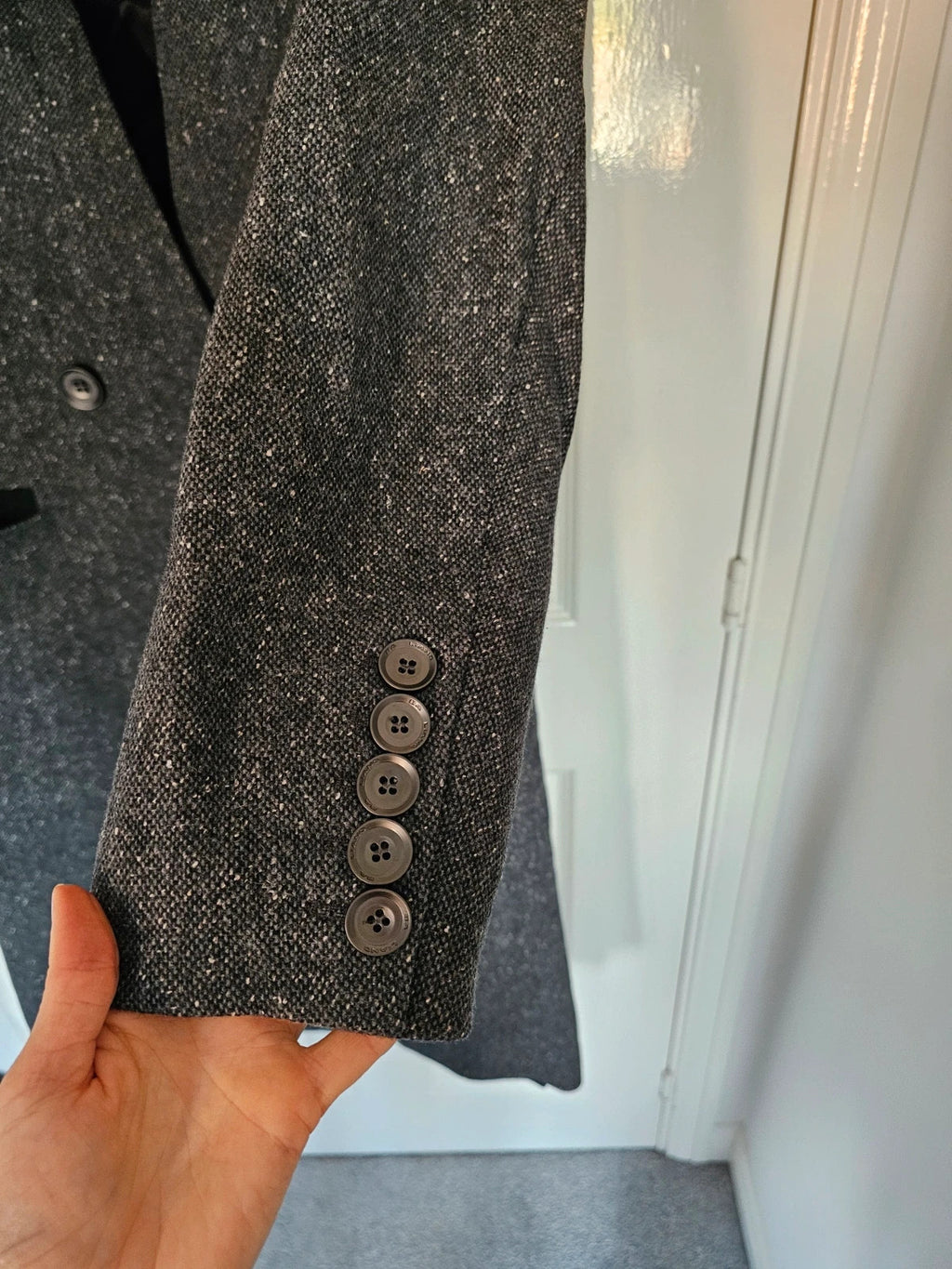 Baliang women oversized long coat double breasted pockets herringbone wool touch grey/black S