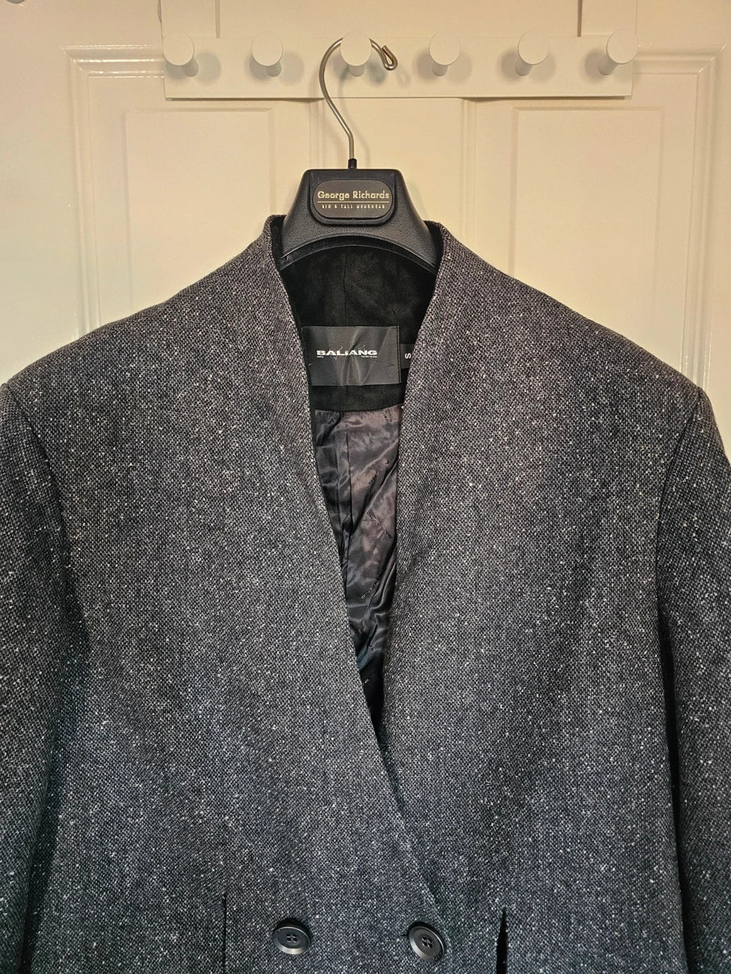 Baliang women oversized long coat double breasted pockets herringbone wool touch grey/black S