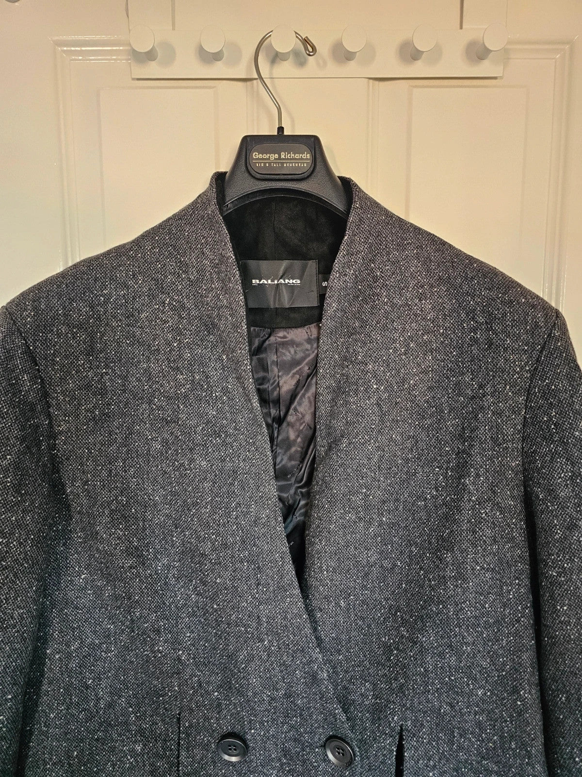 Baliang women oversized long coat double breasted pockets herringbone wool touch grey/black S