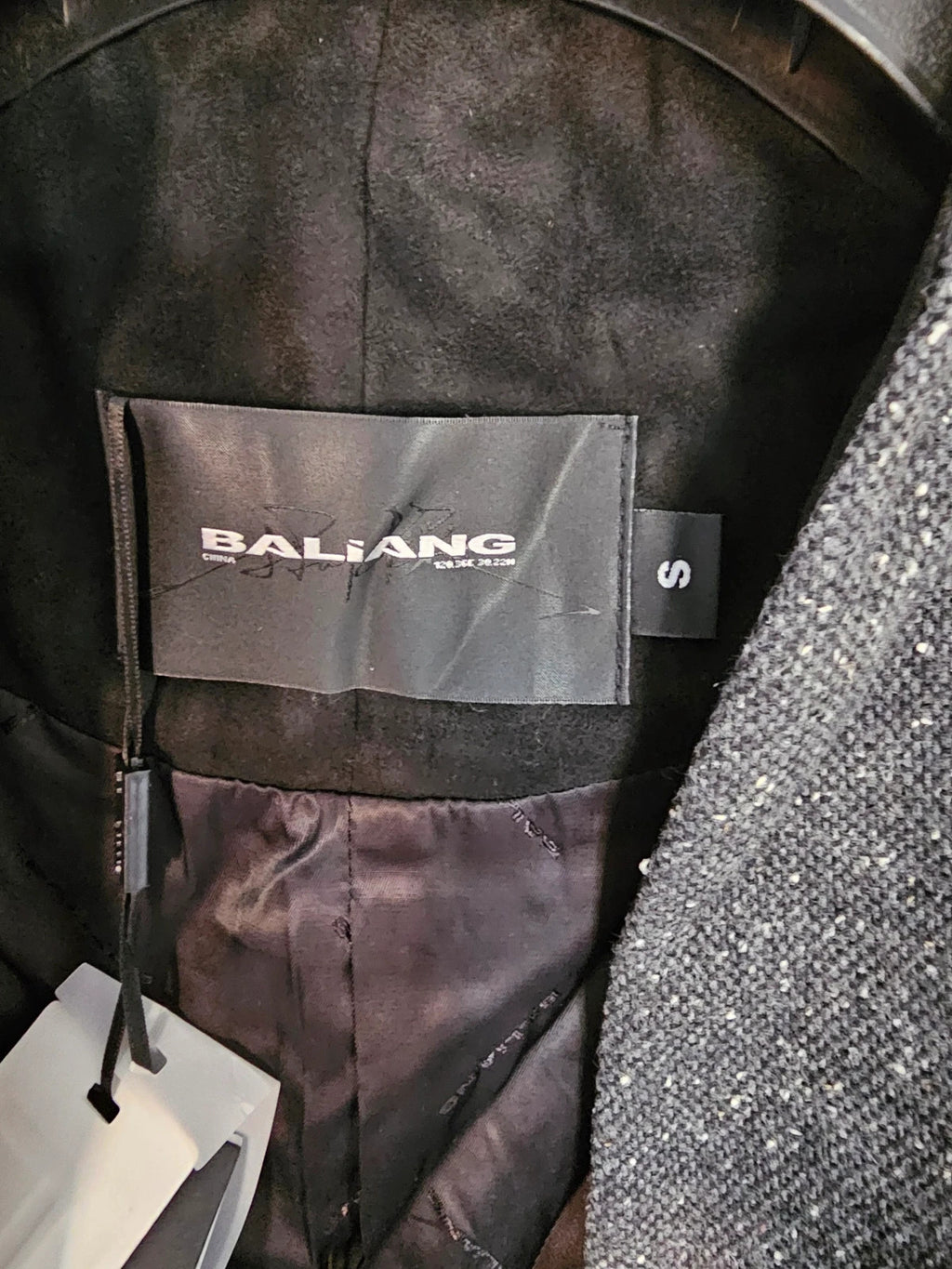 Baliang women oversized long coat double breasted pockets herringbone wool touch grey/black S