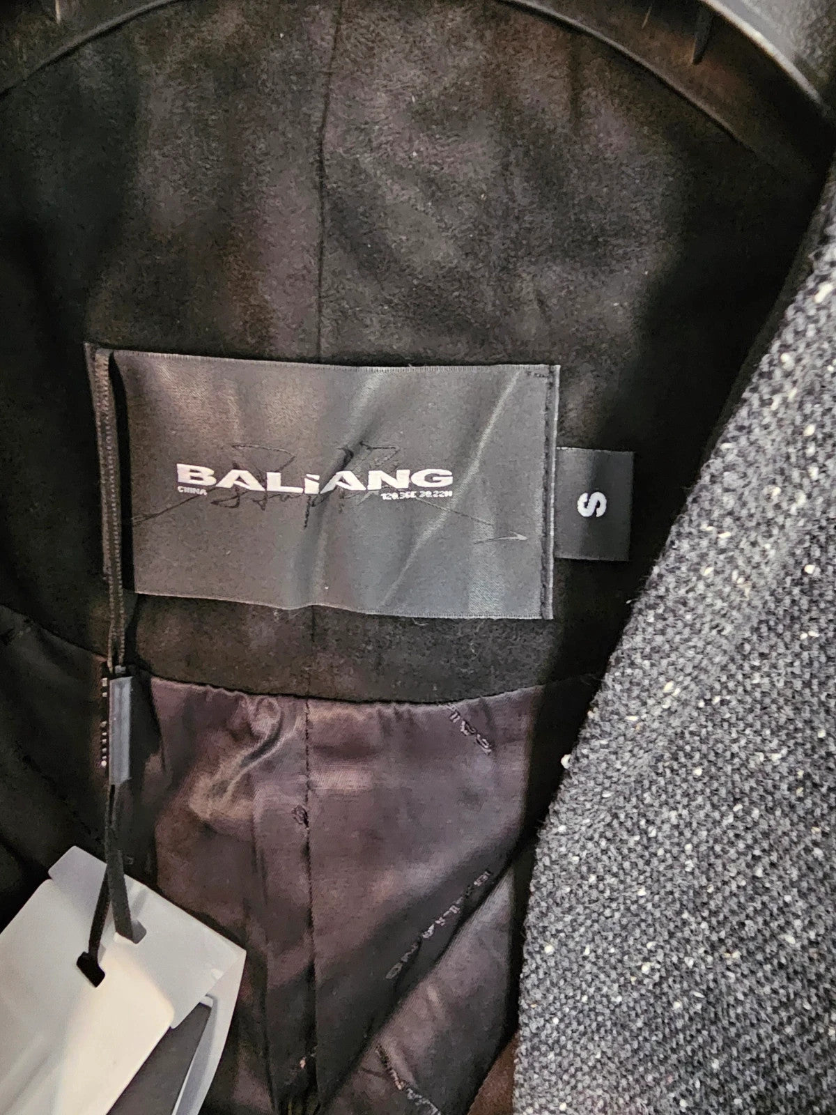 Baliang women oversized long coat double breasted pockets herringbone wool touch grey/black S