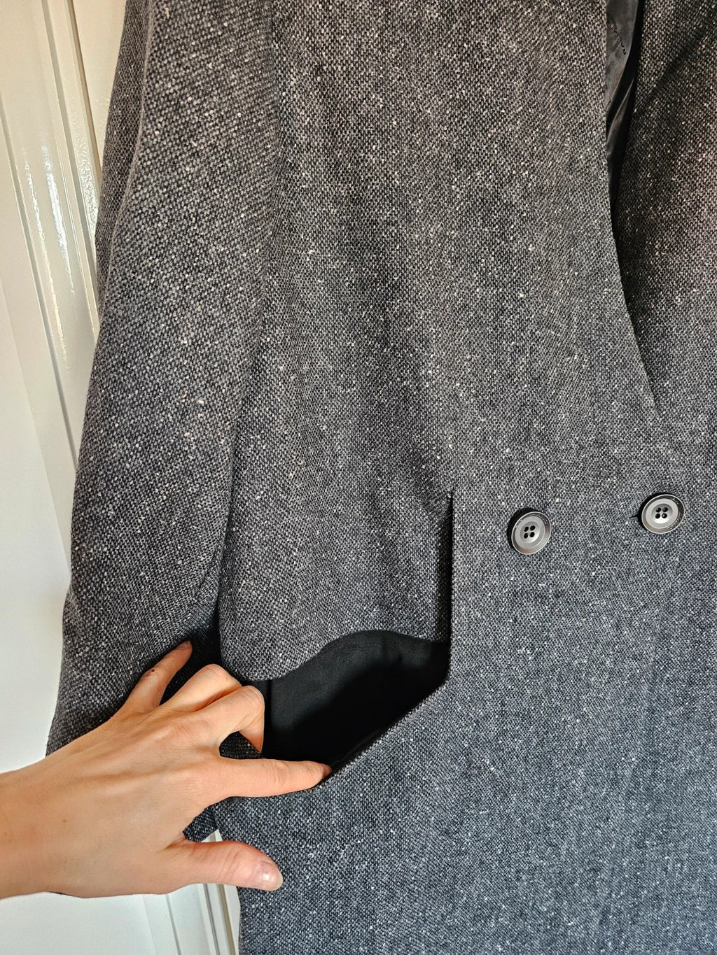 Baliang women oversized long coat double breasted pockets herringbone wool touch grey/black S