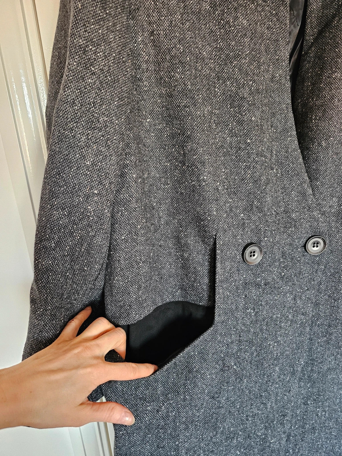 Baliang women oversized long coat double breasted pockets herringbone wool touch grey/black S
