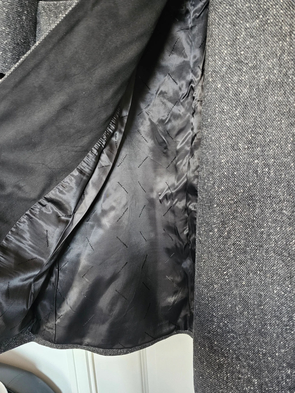 Baliang women oversized long coat double breasted pockets herringbone wool touch grey/black S