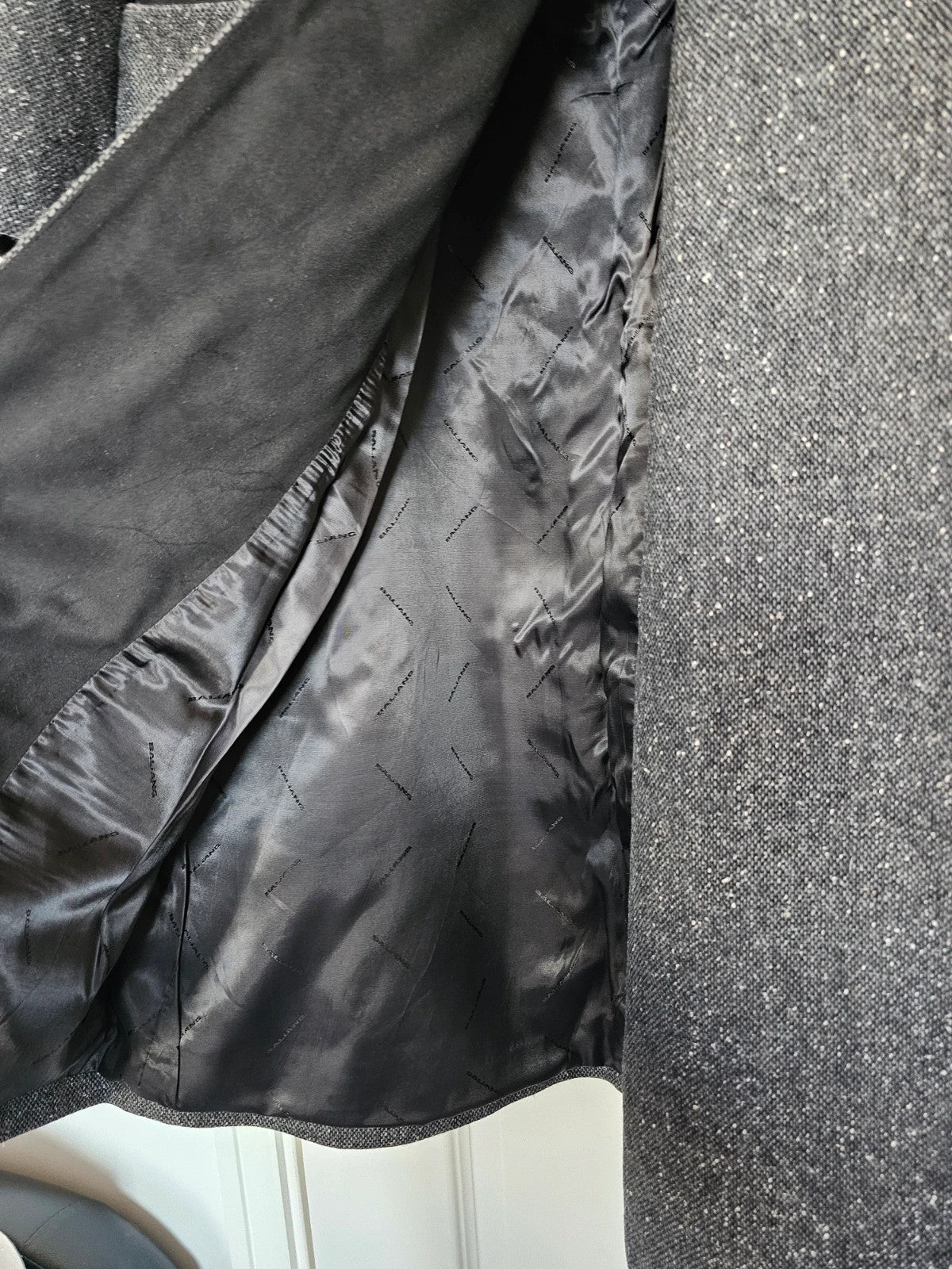 Baliang women oversized long coat double breasted pockets herringbone wool touch grey/black S