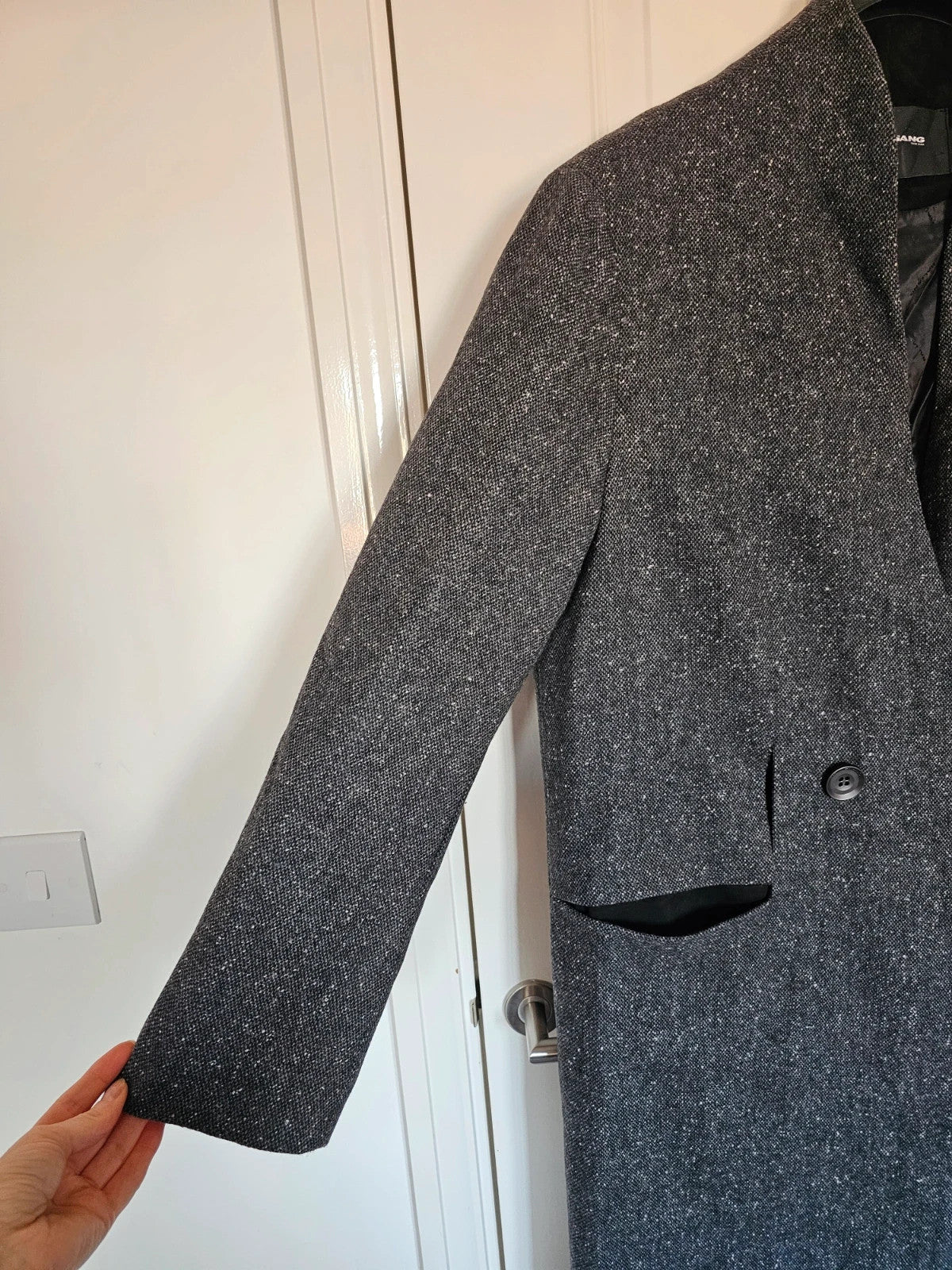 Baliang women oversized long coat double breasted pockets herringbone wool touch grey/black S