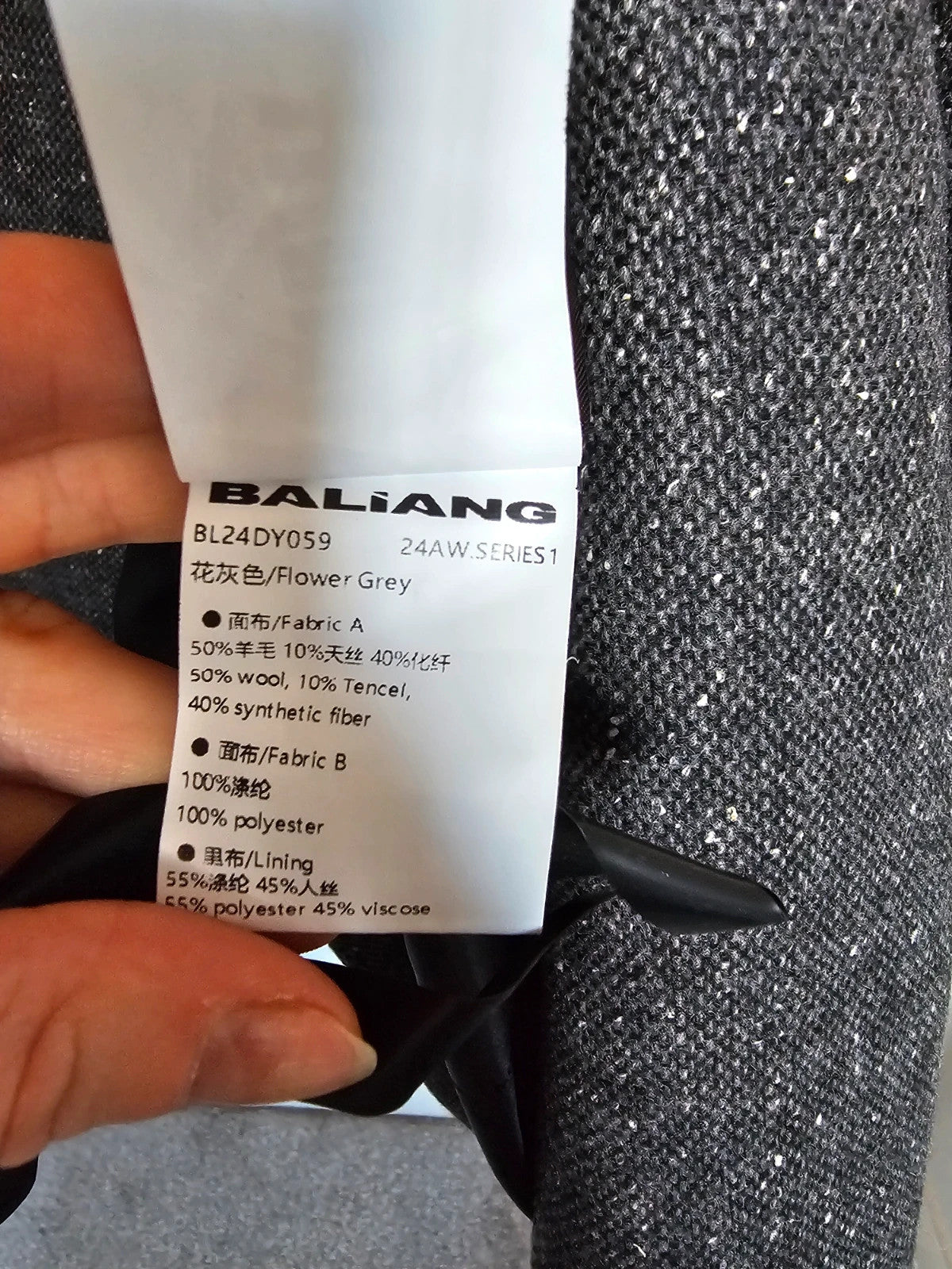 Baliang women oversized long coat double breasted pockets herringbone wool touch grey/black S
