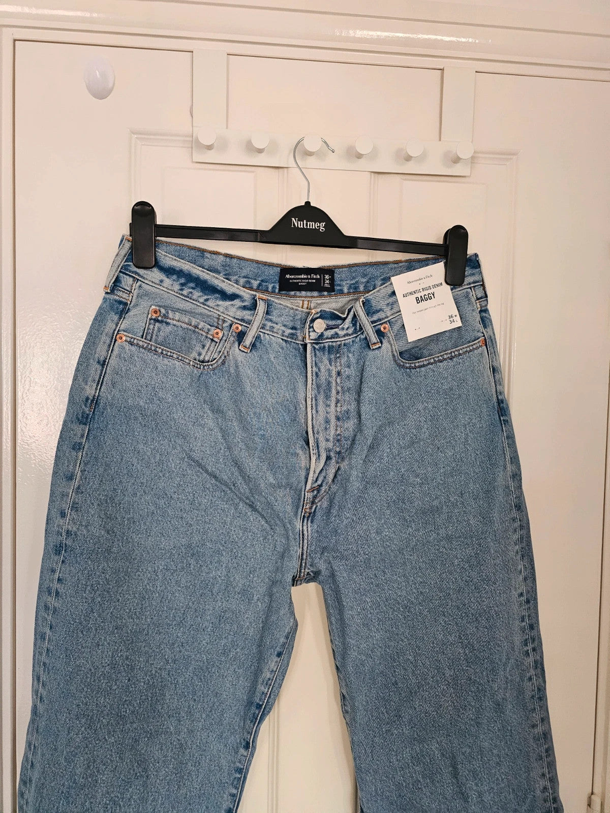 A&F men baggy jeans wide straight leg rigid denim cotton relaxed 90s casual blue XL/W36