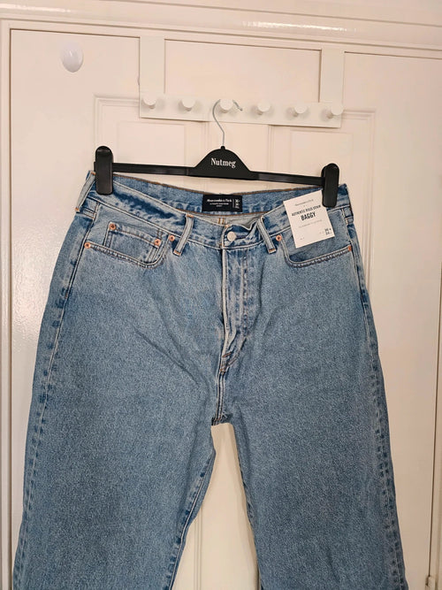 A&F men baggy jeans wide straight leg rigid denim cotton relaxed 90s casual blue XL/W36
