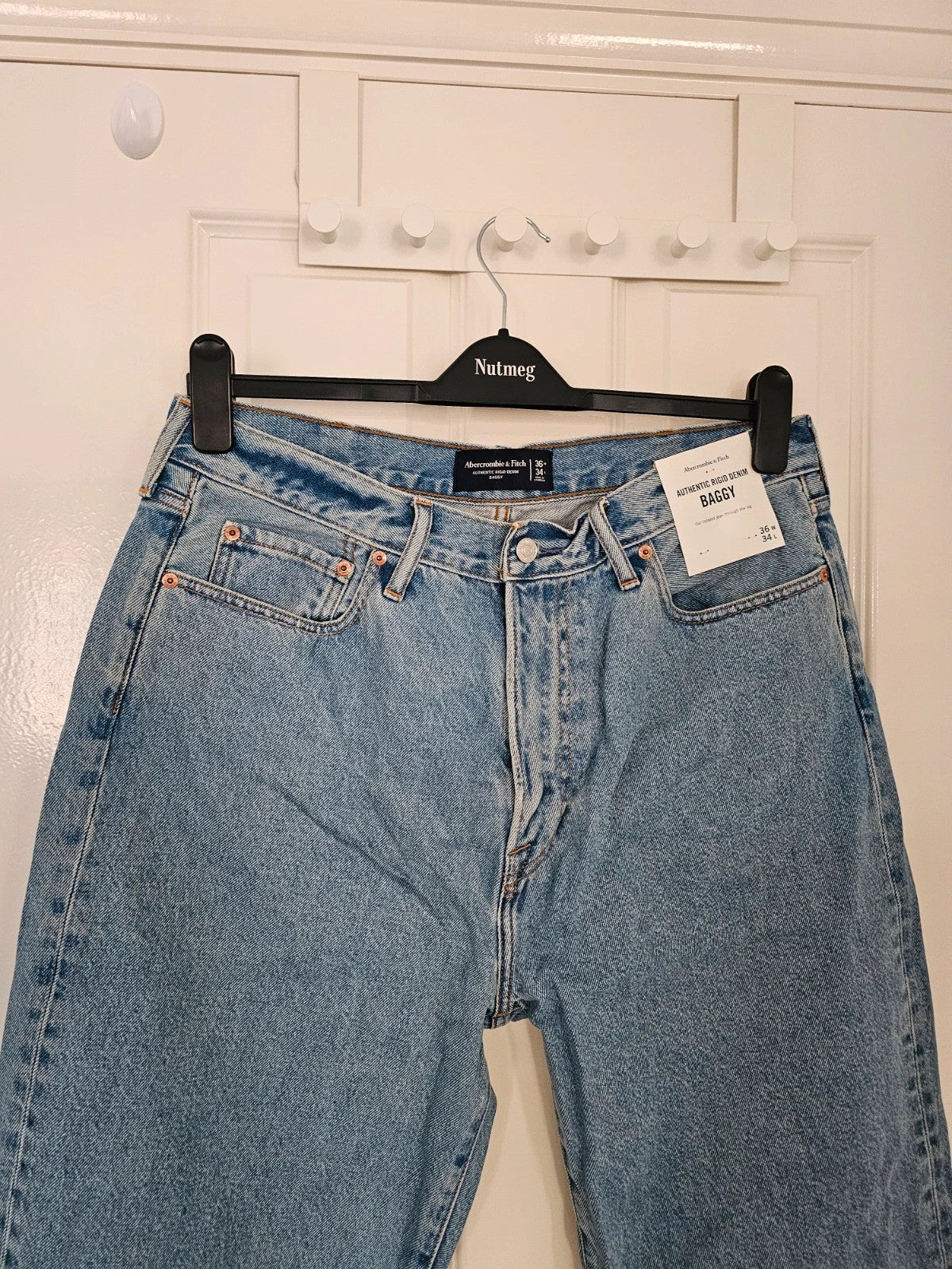 A&F men baggy jeans wide straight leg rigid denim cotton relaxed 90s casual blue XL/W36