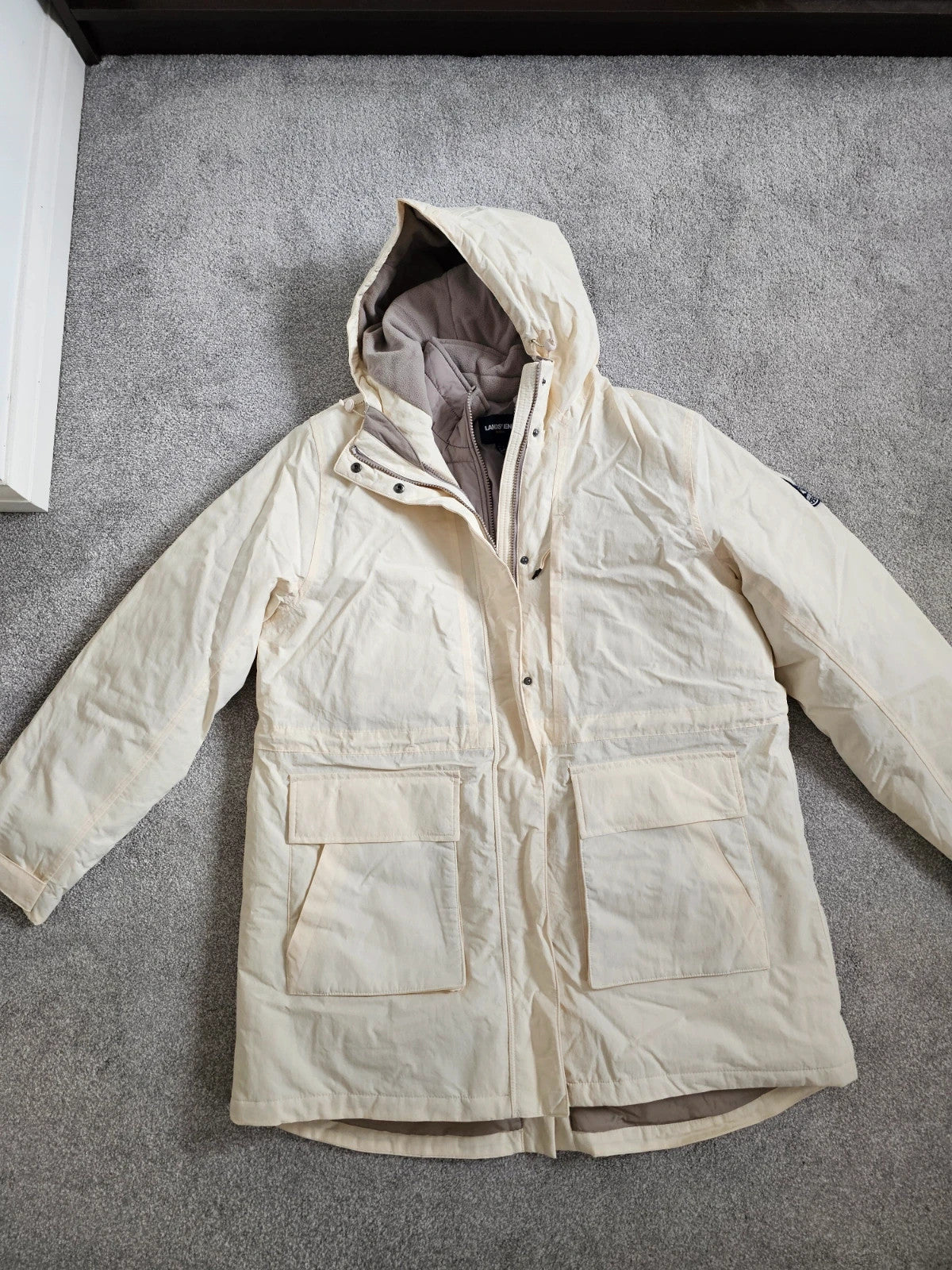 Lands'End Women's Squall Waterproof Insulated 3 in 1 Winter Parka Coat Long Jacket Hood Cream XL/14