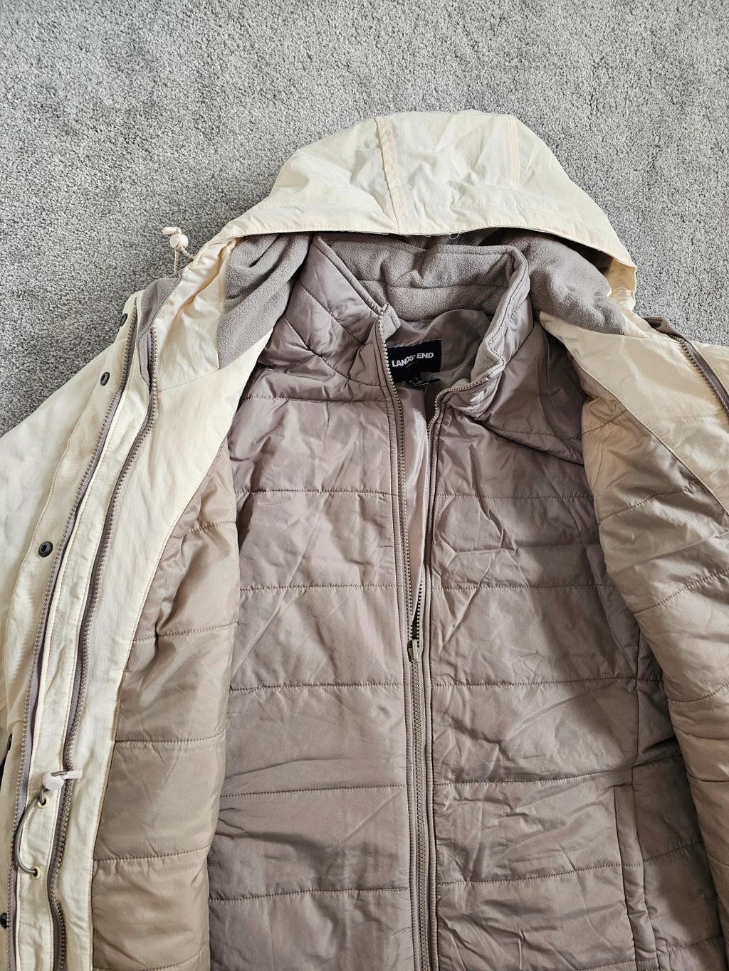 Lands'End Women's Squall Waterproof Insulated 3 in 1 Winter Parka Coat Long Jacket Hood Cream XL/14